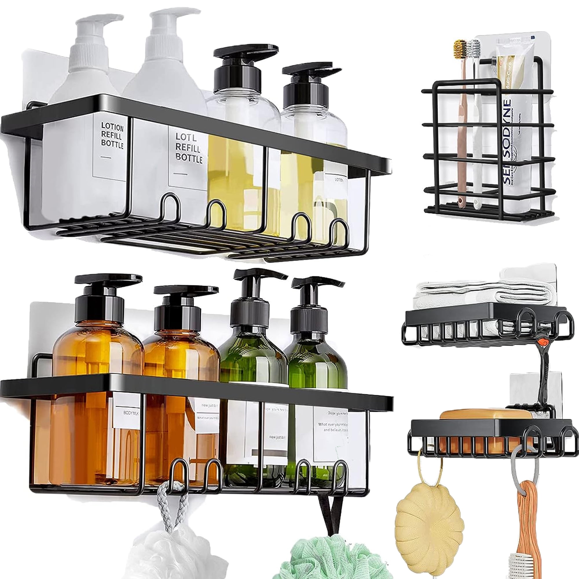 Orimade Adhesive Shower Caddy Soap Dish Holder Shelf with 5 Hooks Bathroom Organizer Basket Kitchen Storage Rack Wall Mounted No Drilling Stainless