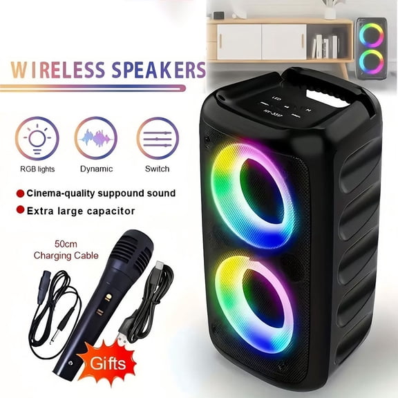 Beiou Bluetooth Speaker, Dual Subwoofer Portable Party Speaker System for Outdoor, with LED Lights and Microphone