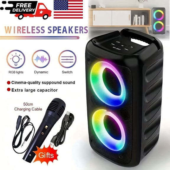 Beiou Bluetooth Speaker, Dual Subwoofer Portable Party Speaker System for Outdoor, with LED Lights and Microphone