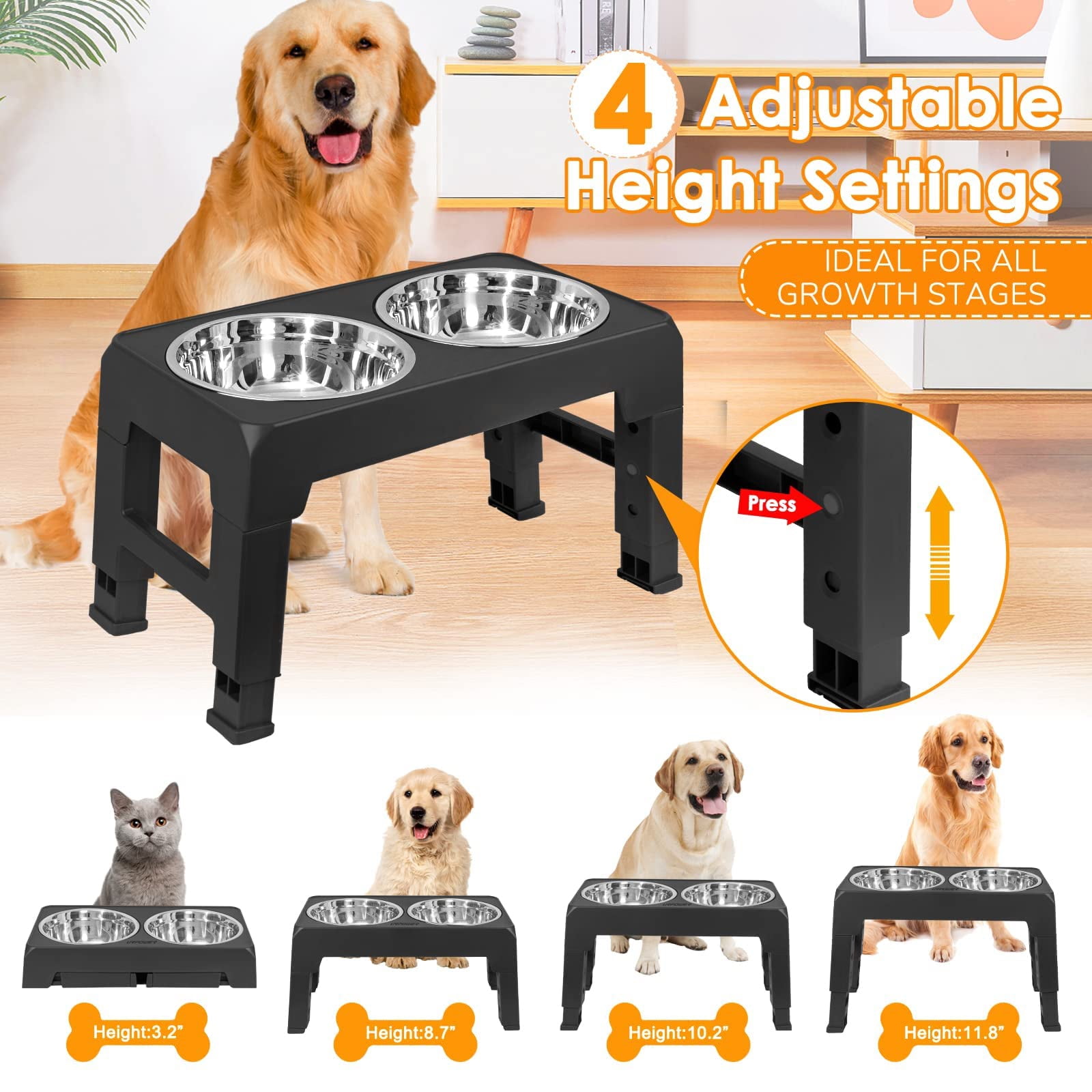 Beiou Elevated Dog Bowls, 4 Height Adjustable Raised Dog Bowl with 2  Stainless Steel Dog Food Bowls for Small Medium Large Dogs and Pets(Black)  
