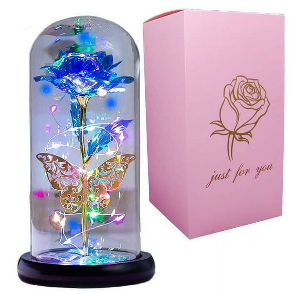 Beiou Glass w/LED Light, Colorful Blue Artificial Flower, Gift for Mother's Day, Valentine's Day, Wedding Anniversary