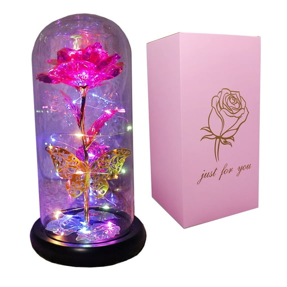 Beiou Glass w/LED Light, Colorful Purple Artificial Flower,  Gift for Mother's Day, Valentine's Day, Wedding Anniversary