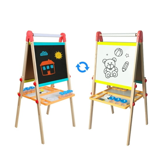 Beipoo Kids Art Easel with Paper Roll, Foldable Wooden Easel for Toddlers, All-in-one Painting Easel for 2-12 Years Children, Adjustable Drawing Station with Chalkboard & Magnetic Whiteboard