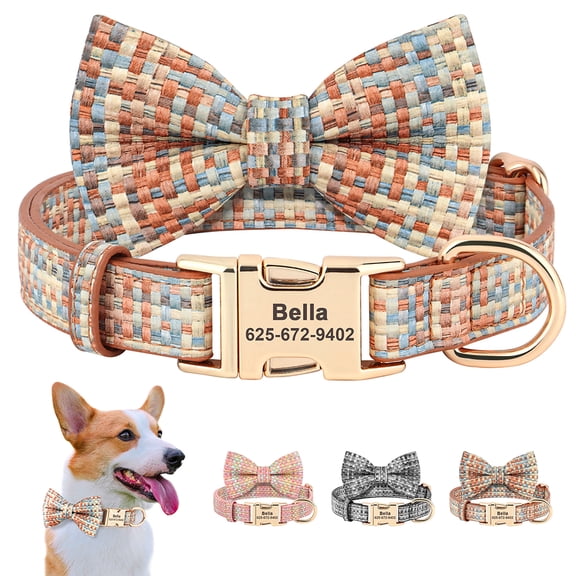Beirui Cute Bow Tie Dog Collar Personalized Name Soft PU Leather Adjustable S-L Bulldog