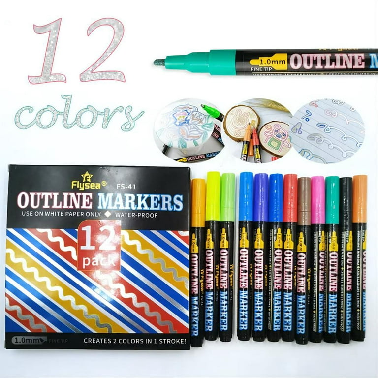 Beirui Doodle Dazzle Markers Dual Outline Line Doodle Pen, 12 Colors, Metal  Tip