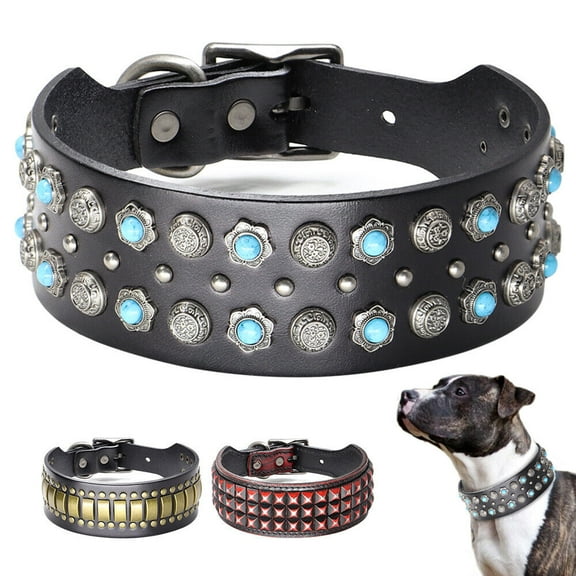 Beirui Heavy Duty Studded Dog Collar Genuine Leather Adjustable for German Shepherd