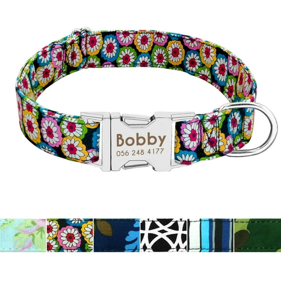 Beirui Nylon Personalized Dog Collar Engraved Name Buckle S/M/L Floral Pattern