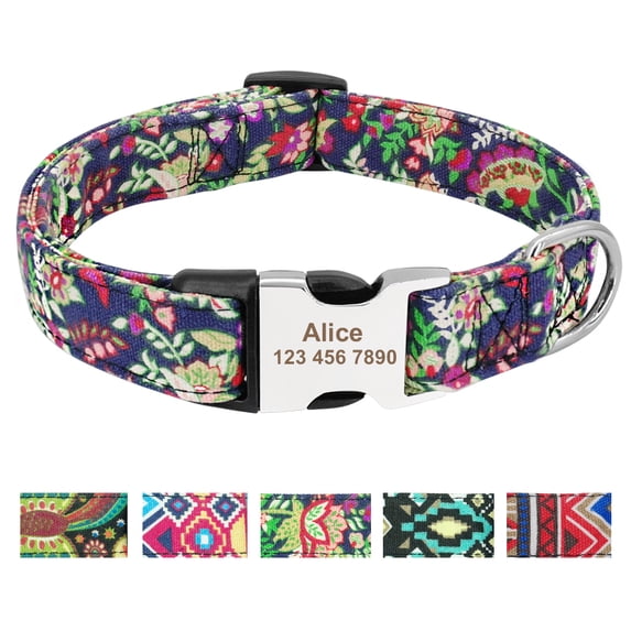 Beirui Personalised Floral Dog Collar Laser Engraving Name Metal Buckle S-L