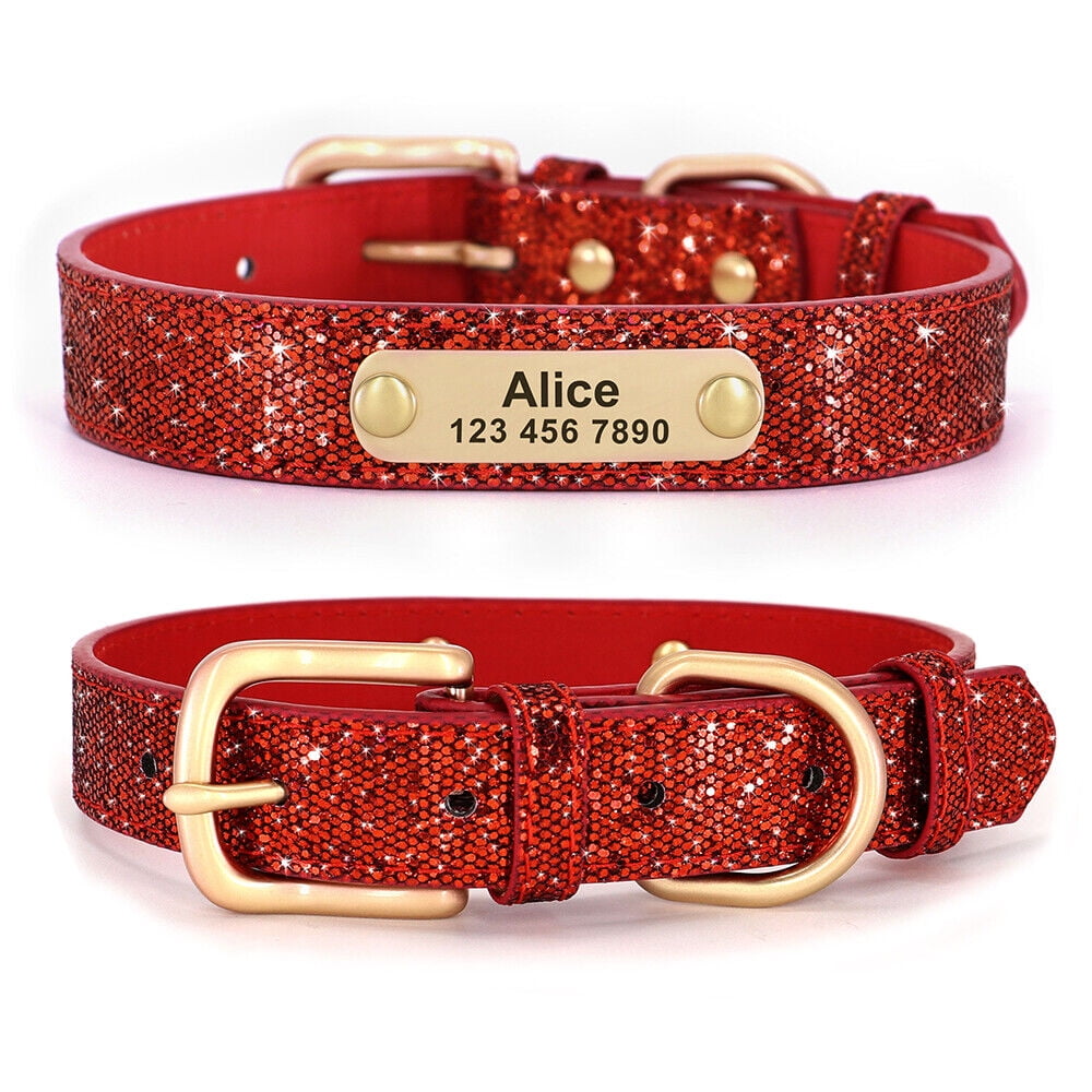 Genuine Leather Pet Dog Collar With Engraved Name Tag - Small Medium Sizes