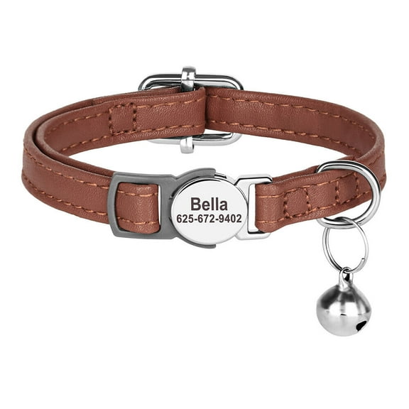 Beirui Personalized Breakaway Cat Collar Soft Leather Kitten Puppy Name Engraved Necklace with Bell