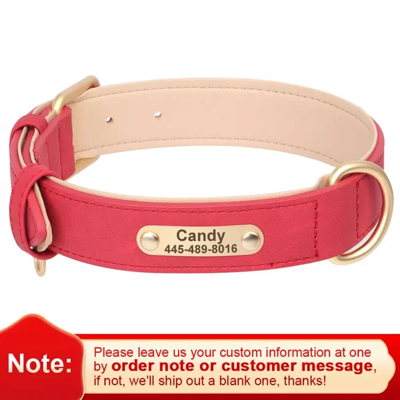 Beirui Personalized Leather Dog Collars Adjustable with Customized Name & Number Engraved Brass Buckle