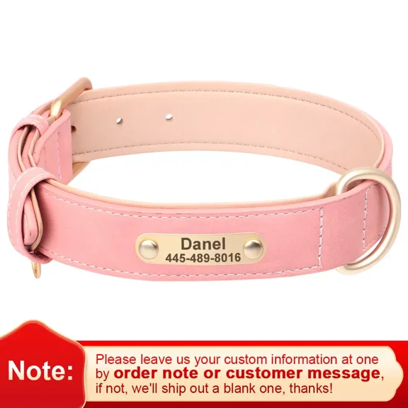 Beirui Personalized Leather Dog Collars Adjustable with Customized Name & Number Engraved Brass Buckle