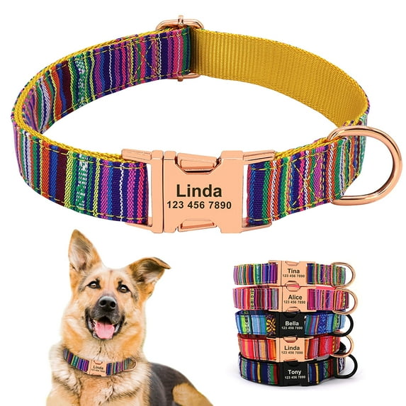 Beirui Personalized Nylon Strip Dog Collar Soft Padded Gold/Black Buckle Adjustable Ethnic Style S M L