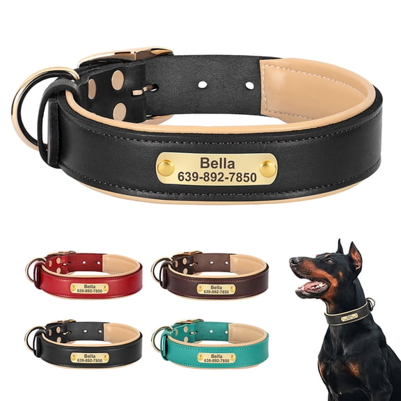 Beirui Personalized Real Leather Dog Collars Soft Padded Engraved Nameplate Adjustable