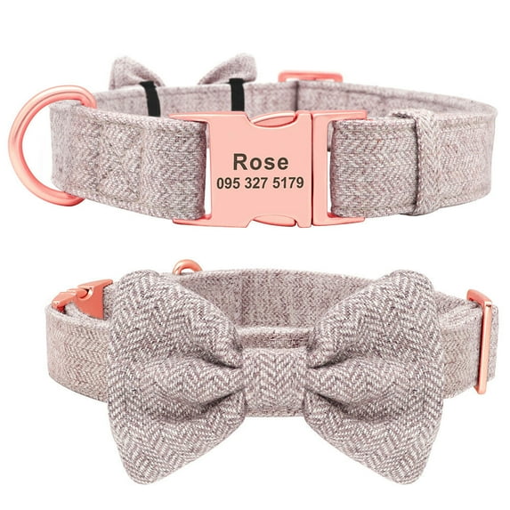 Beirui Personalized Tweed Dog Collar with Cute Bow Tie Engraved Name Tag Adjustable Pink Blue Gray