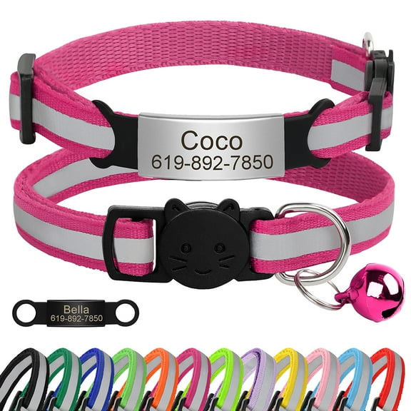 Beirui Reflective Breakaway Pet Cat Collar Personalised Name Tag with Bell & Quick Release Buckle