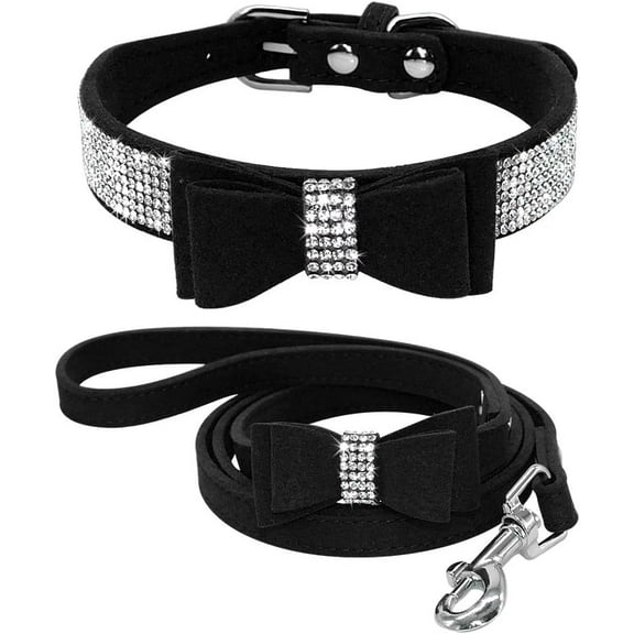 Beirui Rhinestone Bling Leather Dog Collar and Leash Set - Soft Flocking Sparkly Crystal Diamonds Studded - Cute Double Bowknot Collar with 4 Foot Leash for Pet Show,Pink,Neck fit 8-10"