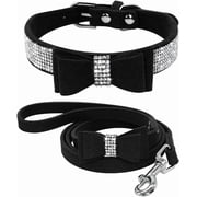Beirui Rhinestone Bling Leather Dog Collar and Leash Set - Soft Flocking Sparkly Crystal Diamonds Studded - Cute Double Bowknot Collar with 4 Foot Leash for Pet Show,Pink,Neck fit 8-10"