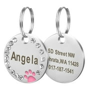 Beirui Round Personalized Dog ID Tags Rhinestone Paw Print Pet Cat Name Tag Free Engraved Name Address with Clasp