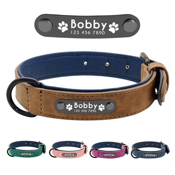 Beirui Soft Leather Personalized Dog Collar Engraved ID Tag for Small Medium Large Dogs Adjustable
