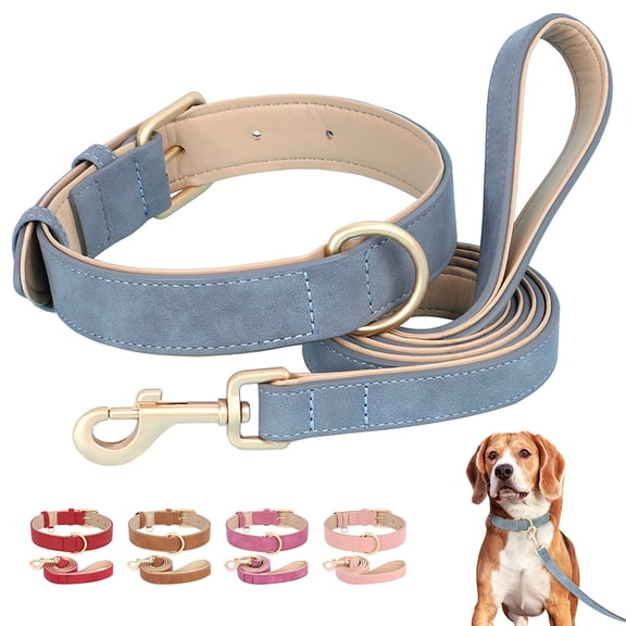 Beirui Soft Padded Leather Dog Collar and Leash Solid Adjustable Collar for Bulldog S-L