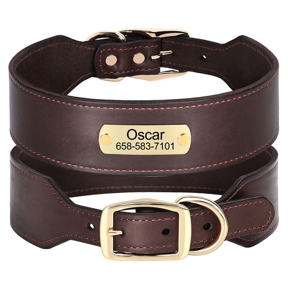 Beirui Wide Personalised Genuine Leather Dog Collar Free Engraved Nameplate Adjustable
