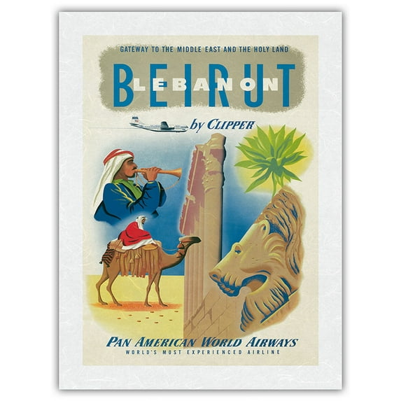 Beirut Lebanon by Clipper - Pan American World Airways - Gateway to the Middle East - Vintage Airline Travel Poster c.1951 - Japanese Unryu Rice Paper Art Print (Unframed) 18 x 24 in