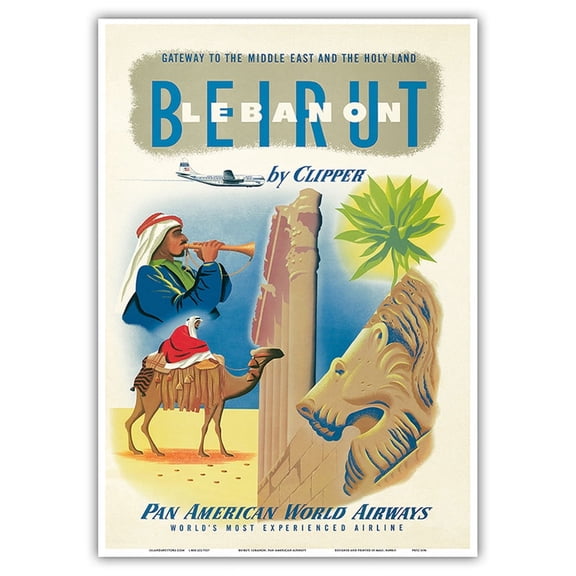 Beirut Lebanon by Clipper - Gateway to the Middle East - Vintage Airline Travel Poster c.1951 - Master Art Print 10in x 14in