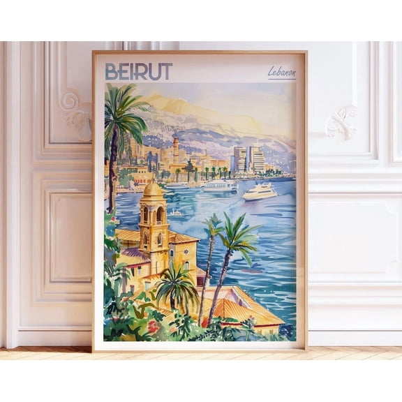 Beirut Watercolor Poster - World Cities Wall Art - Lebanon Middle East Travel Poster - Print City Poster - Pastel Colors Travel Poster Decor For Living Room Bedroom