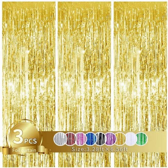 Beishida 3Pcs Gold Metallic Tinsel Foil Fringe Curtains,3.28ft x 6.56ft Gold Photo Booth Backdrop Streame for Party Door Wall Curtains Bachelorette Birthday,Christmas,New Year Decorations
