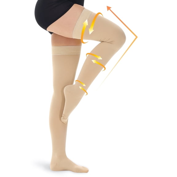 Beister 15-20 mmhg Medical Compression Stockings with Dot Silicone Band, Closed Toe Thigh High for Women & Men, 1 Pair, Beige