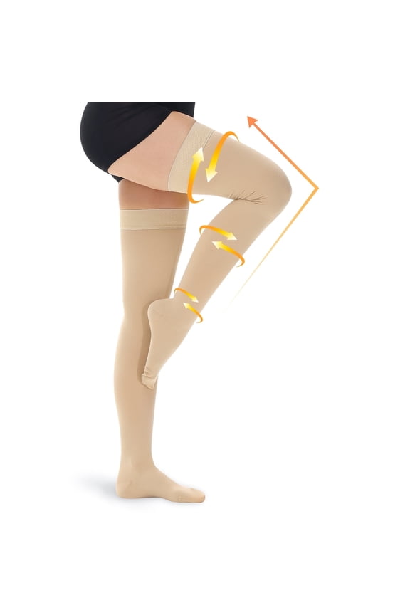 15-20 mmhg Medical Compression Stockings with Dot Silicone Band, Closed Toe Thigh High for Women & Men, 1 Pair, Beige