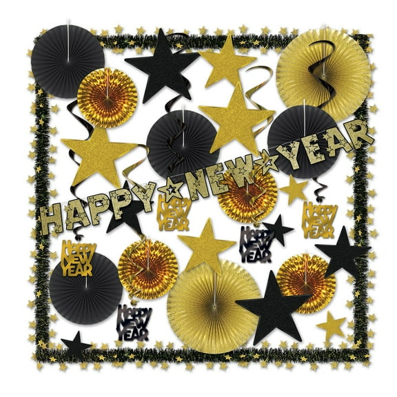 Beistle 32 Piece Gold and Black Gleaming "Happy New Year" DecorativeDecorating Kit
