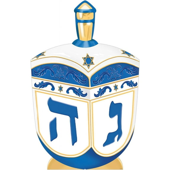 Beistle 3' 4.5" x 26" Cardboard Dreidel Photo Prop with Easel Hanukkah Festival of Lights Backdrop for Jewish Holiday Decor, Blue/White/Gold