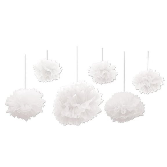 Beistle 6 Piece Tissue Fluff Balls, Assorted Sizes, White