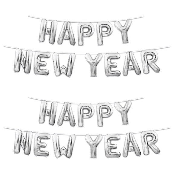 Happy New Year Balloon Streamer, Silver, 14.25" x 12', (2/Pkg)