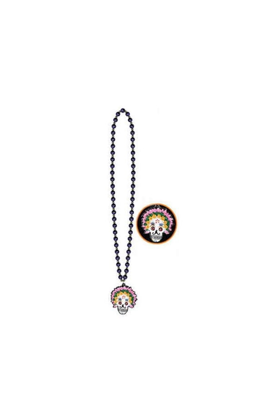 Beads Necklace With Day Of The Dead Medallion 36" 00922
