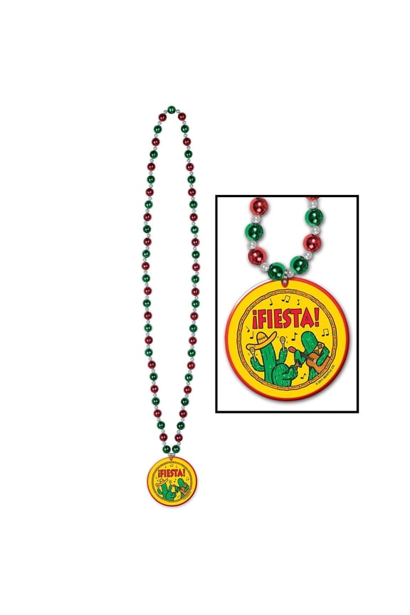 12 Pack Beistle Fiesta Bead Necklaces with Fiesta! Medallion