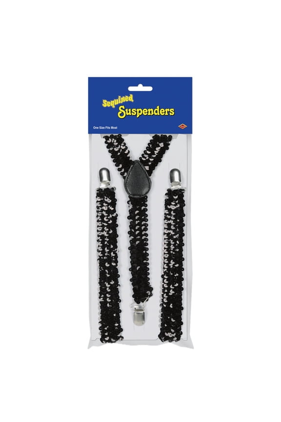 Club Pack of 12 Black Roaring 20's Themed Adjustable Sequin Suspenders Costume Accessories