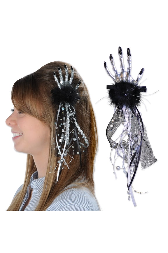 Club Pack of 12 Halloween Silver and Black Skeleton Hand Hair Clips 10"