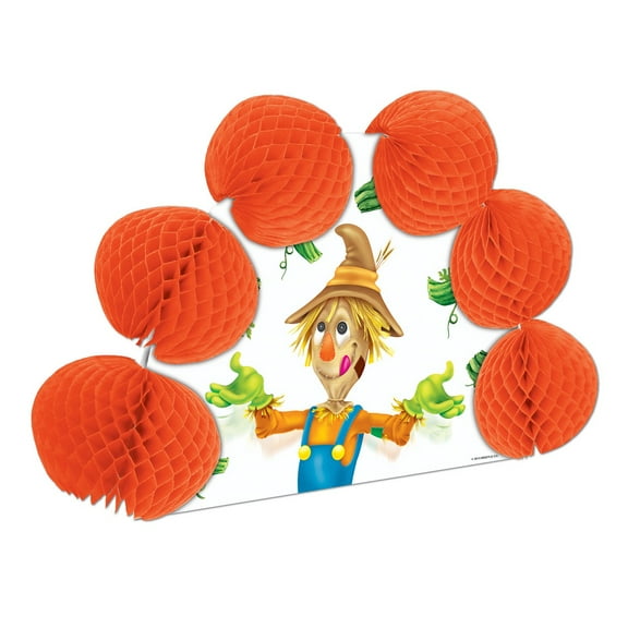 Beistle Club Pack of 12 Orange Scarecrow and Pumpkin Pop-Over Honeycomb Centerpiece Party
