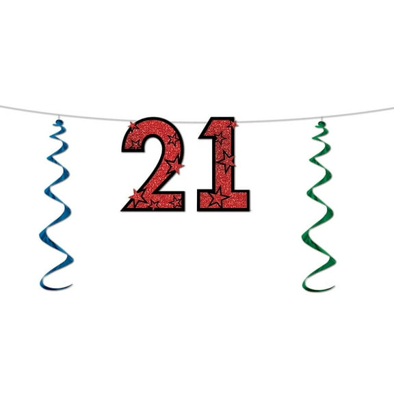 Club Pack of 12 Red Glittered "21" Birthday Decorative Party Streamers 7'