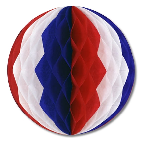 Club Pack of 12 Red, White and Blue Honeycomb Hanging Tissue Ball Decorations 14"