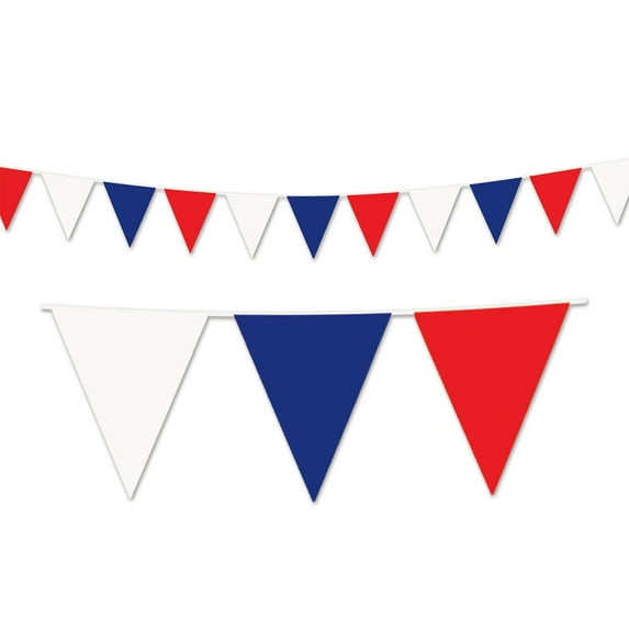 Club Pack of 12 Red, White and Blue Patriotic Outdoor Pennant Banner Hanging Party Decorations 30'