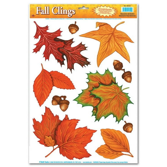 Beistle Club Pack of 120 Autumn Leaves and Acorns Fall Window Clings 17"