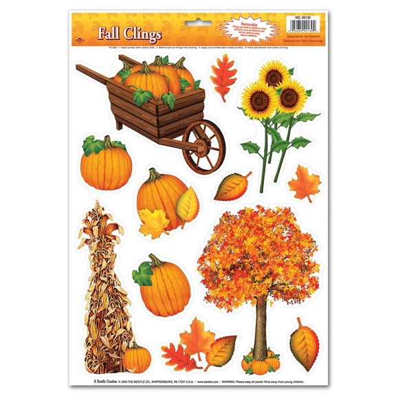 Beistle Club Pack of 144 Colorful Fall Thanksgiving Window Cling Decorations 17"