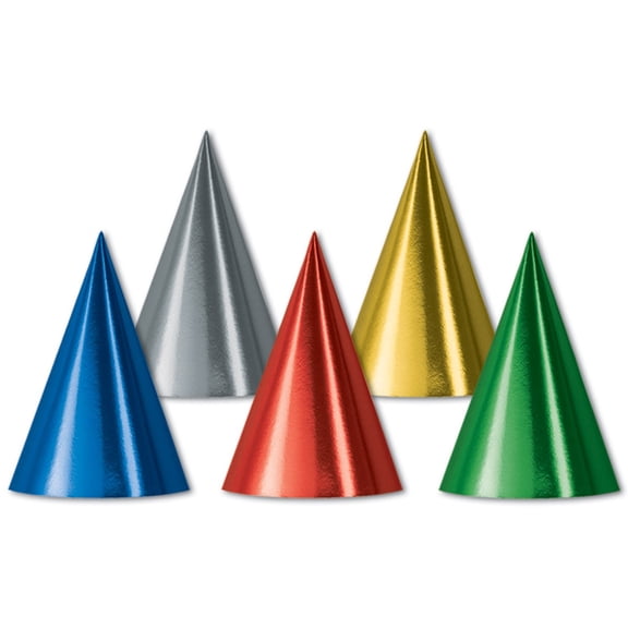 Beistle Club Pack of 144 Variety Color Festive Party Foil Cone Hats 6.75"