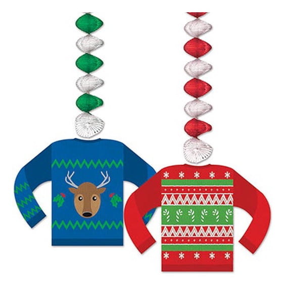 Beistle Club Pack of 24 Ugly Sweater Dangler Christmas Hanging Decorations 30"