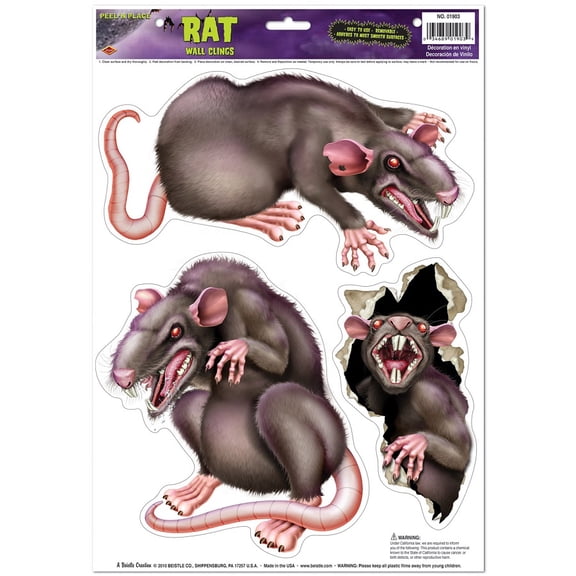 Beistle Club Pack of 36 Spooky Vicious Rats Peel 'N Place Halloween Decorations