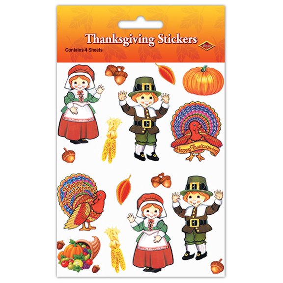 Club Pack of 48 Fall Harvest Pilgrim and Turkey Sticker Sheets 7.5"